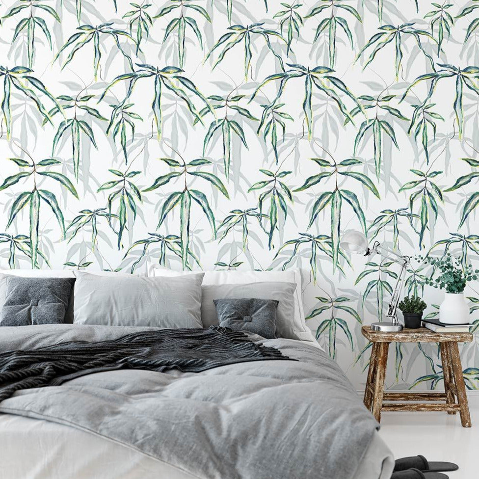 Tactile connection wallpaper wallpaper design in white. Bedroom set with wooden bed and bedside table.