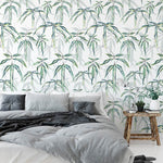 Tactile connection wallpaper wallpaper design in white. Bedroom set with wooden bed and bedside table.