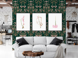 Mock up room set of living room with three sakura painting above a white sofa. Sakura 3 to the left, sakura 1 in the centre and sakura 5 to the right.