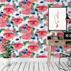 Springs falls wallpaper mockup room set of a study with a desk, chair and plant pot. Framed sakura 3 on the wall.