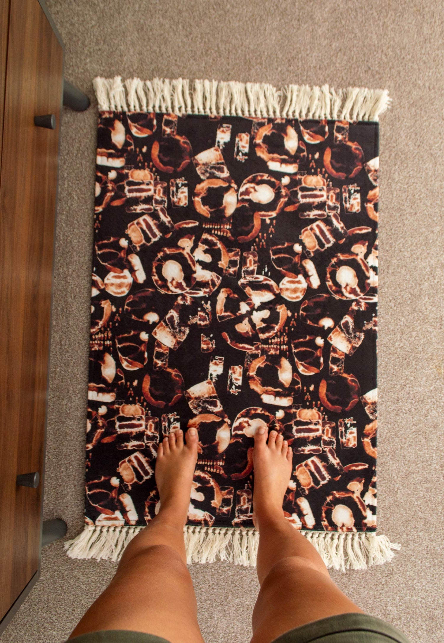 Equinox burn sienna rug product photography in bedroom