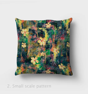 Rock paper flower cushion, 45cm, small scale pattern with multiple hand drawn yellow flowers combined with geometric shapes inspired by boulders