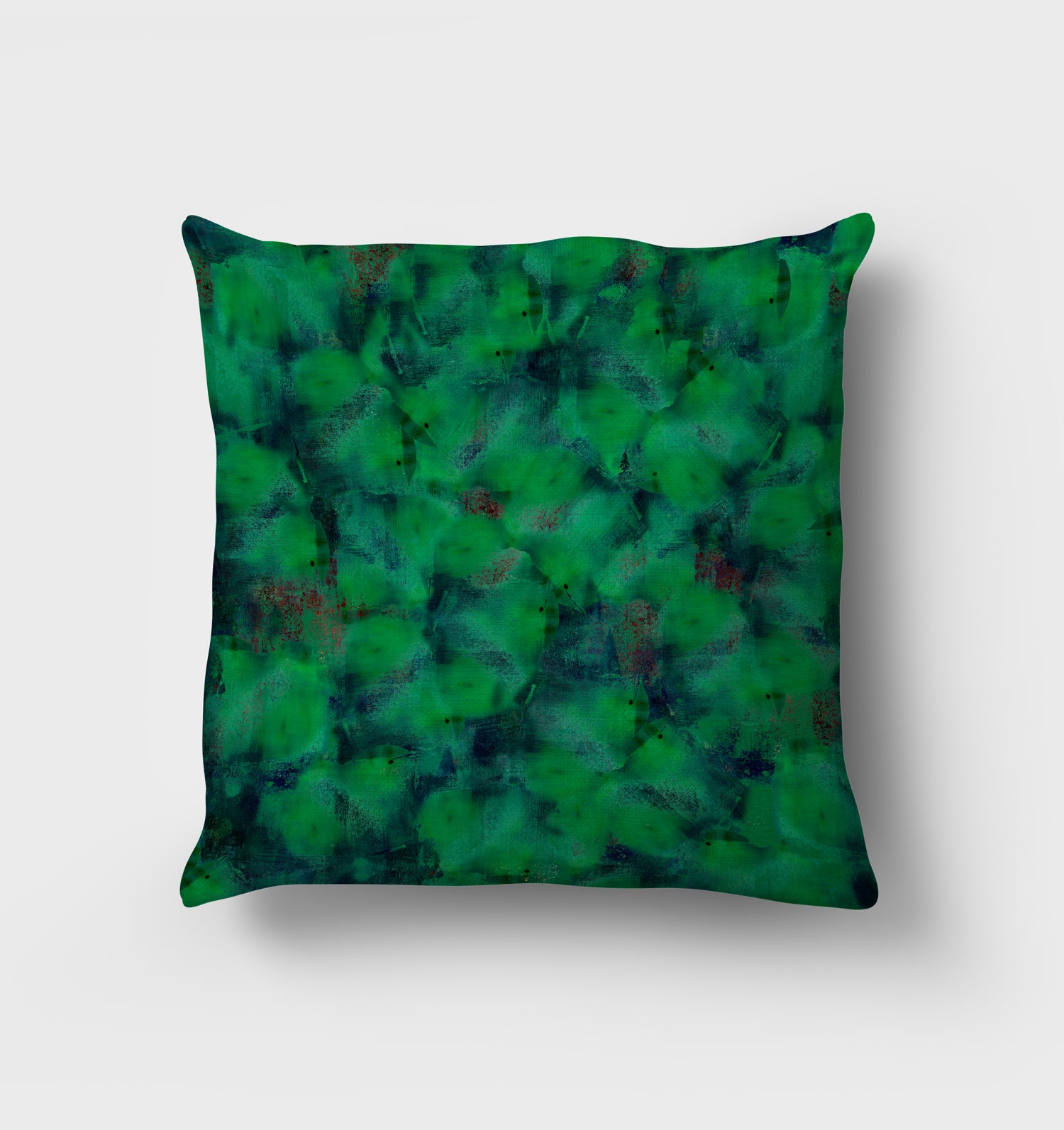Forest Explorer Cushion. Hand printed layers of green abstract shapes to reveal a lushous moss like effect.