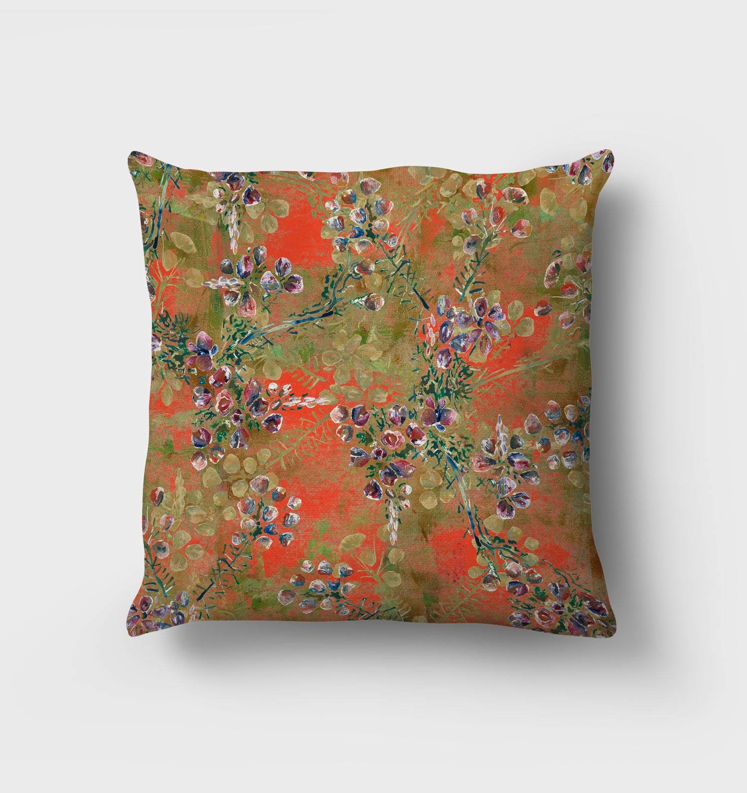 Heather X Bespoke cushion. Handpainted heather over lap each other with a moss like green textured layer underneath. A bright scarlet red background colour accents and shines through the design.