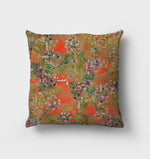 Heather X Bespoke cushion. Handpainted heather over lap each other with a moss like green textured layer underneath. A bright scarlet red background colour accents and shines through the design.