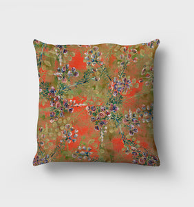 Heather X Bespoke cushion. Handpainted heather over lap each other with a moss like green textured layer underneath. A bright scarlet red background colour accents and shines through the design.
