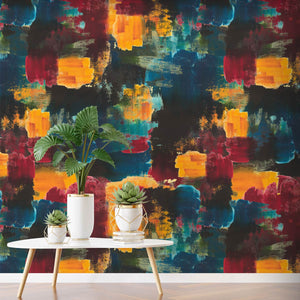 summer burst design by naruse design features a mock up room space with the bold wallpaper behing a white table with three plants. Repeat pattern is unapparent due to the nature of a half drop repeat pattern when looking at it close up.
