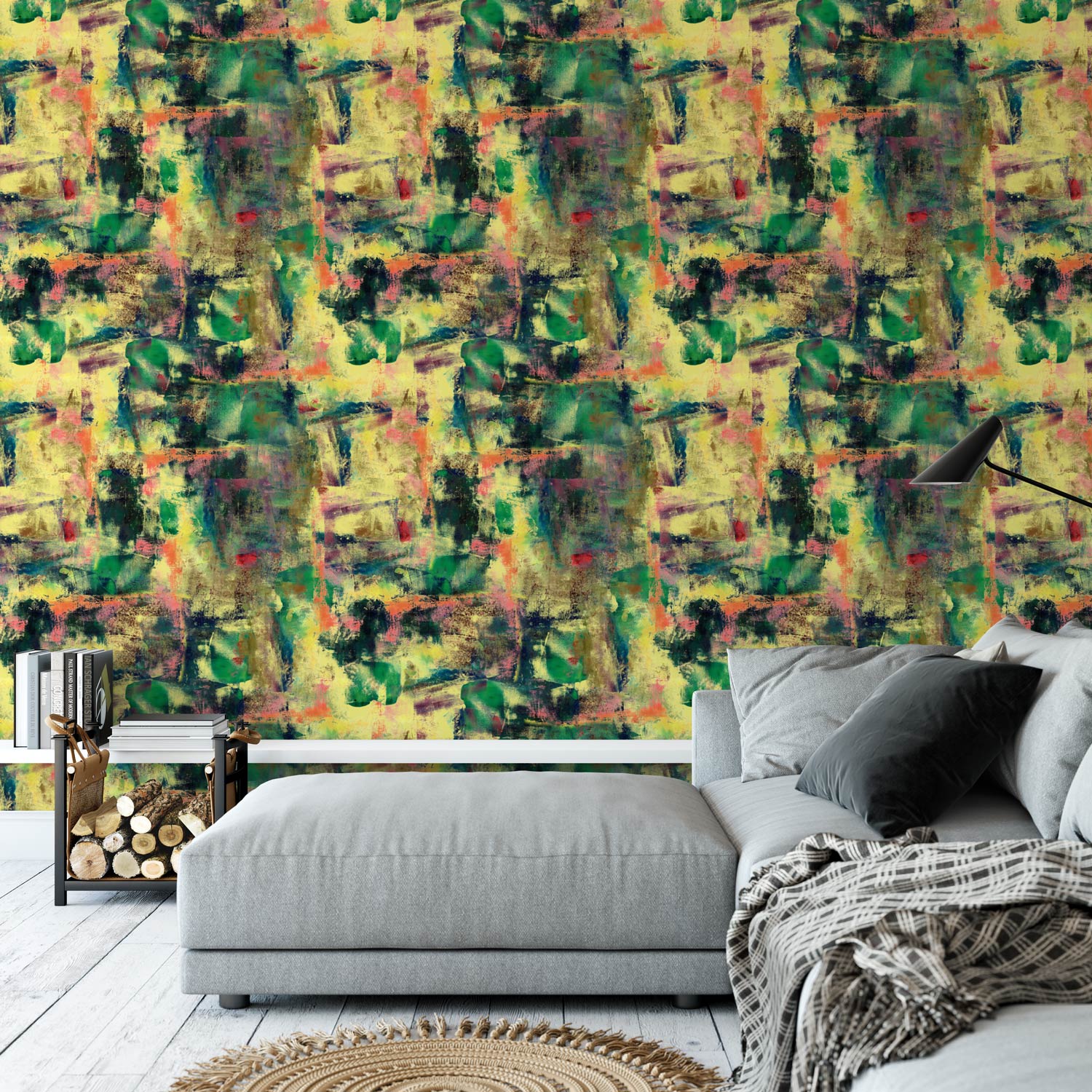 Wild hearted yellow wallpaper displayed in a living room mock up design, next to a grey sofa and other furniture.