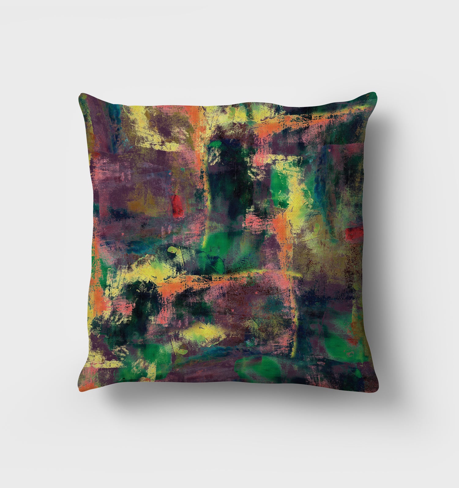 Wild hearted cushion. An abstract of layered colours with a dark purple background with dark green and blues coming through. Angular highlights or bright orange and yellow sit ontop of design tying the vibrant design together. 